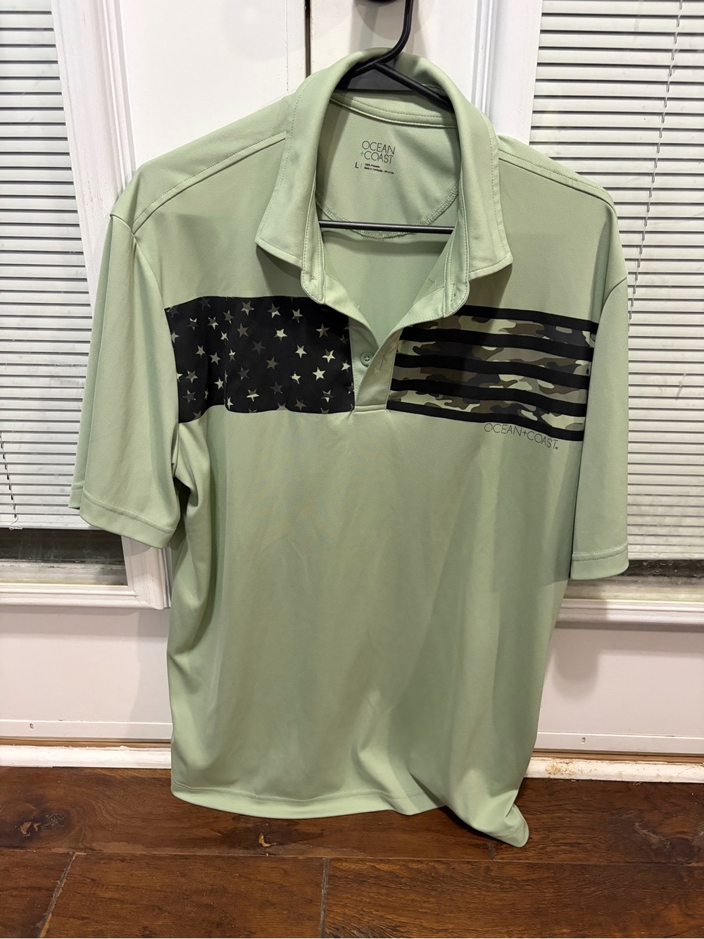 Ocean & Coast Light Green Performance Polo with Camouflage Flag Print